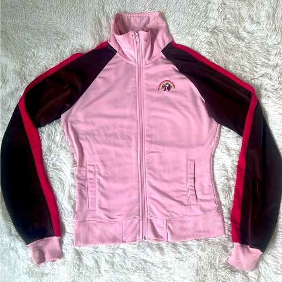 Y2K Energie Pink Track Jacket Rainbow 74 Retro Zip-Up Size M - Picture 1 of 7